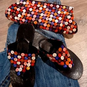 Boutiqué Black Leather Button detailed sandals with matching clutch